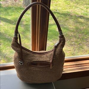 BRIGHTON LONDON GROOVE SHELBY TAN RAFFIA/STRAW BROWN LEATHER SHOULDER BAG